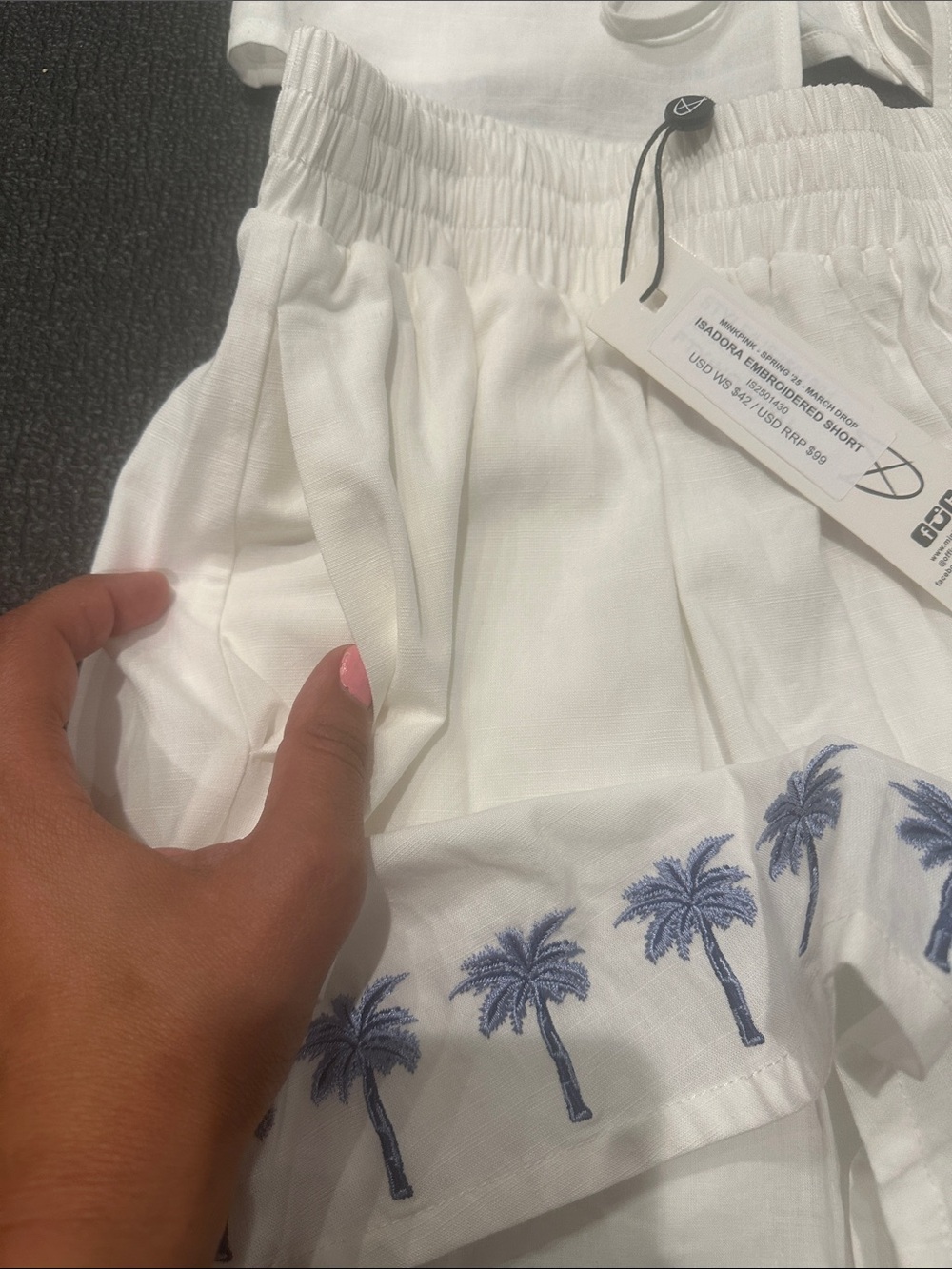 MINKPINK White High Waist Shorts Set with Blue Palm Embroidery - Picture 2 of 8